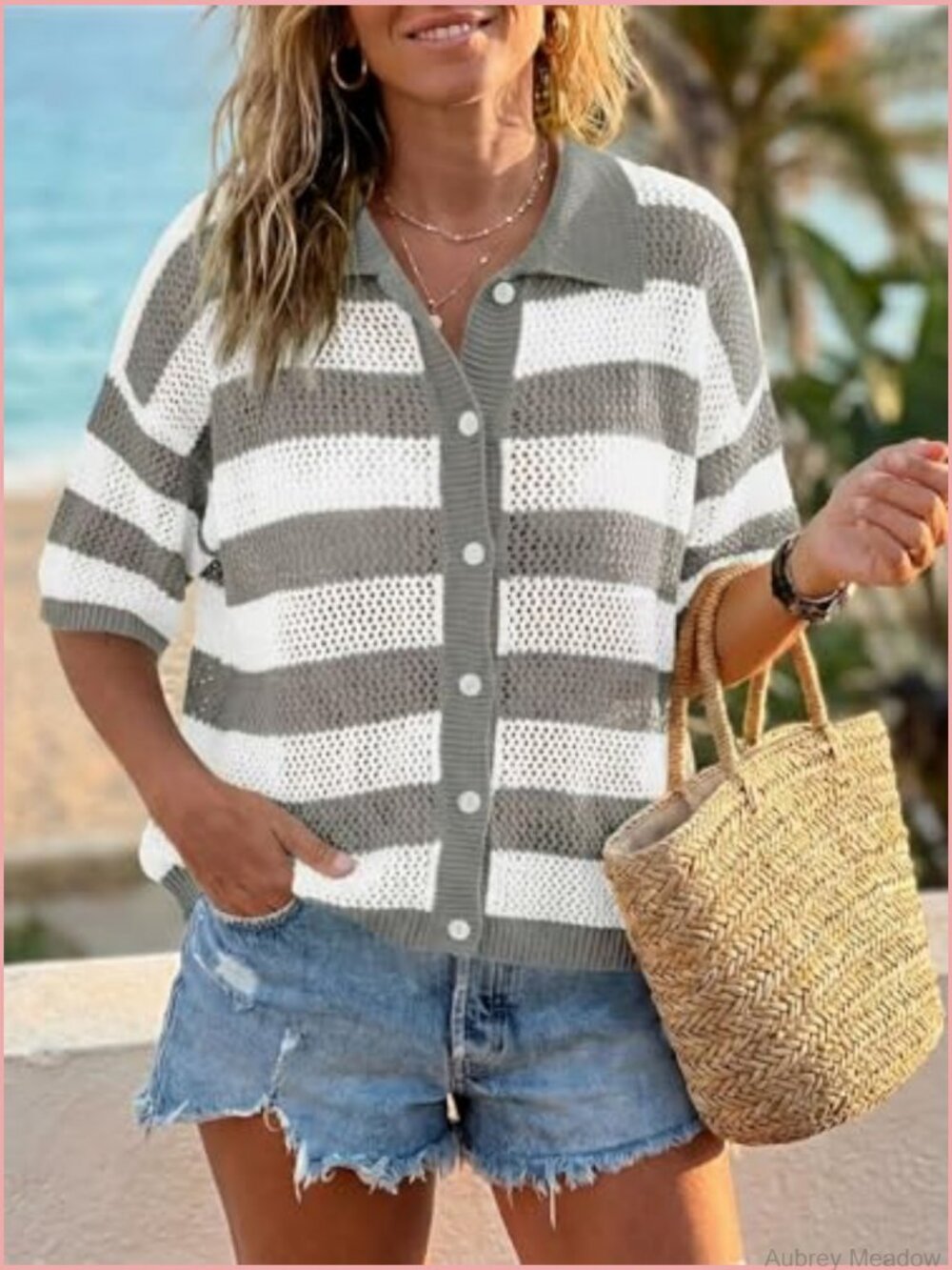 Striped Crochet Cardigan Sweater Half Sleeve Button Up Tops Loose Fit Cover Up - Picture 2 of 7